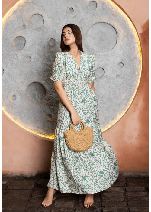 NOVA GREEN AND WHITE PRINTED DRESS